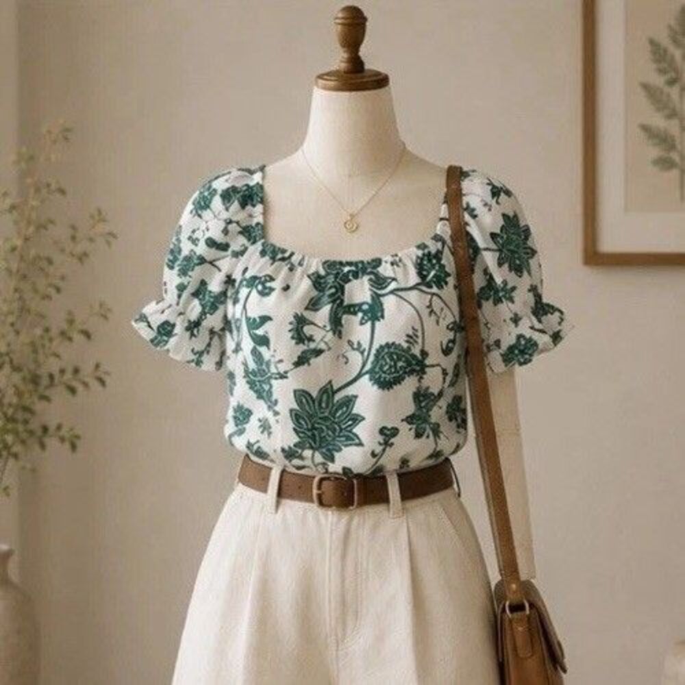 Womens Green White Floral Puff Sleeve Crop Top Size M Cottagecore Square Neck